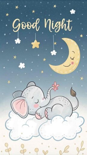 A good night cute image with a baby elephant under a starlit sky, exuding charm and calmness.