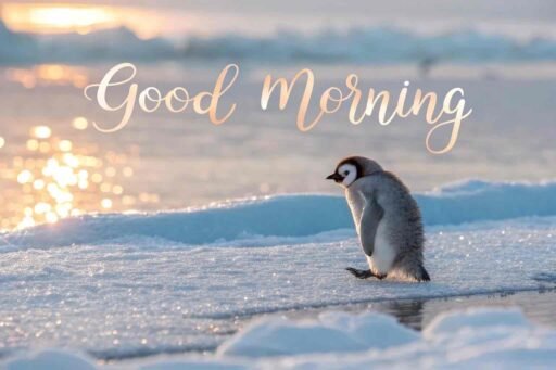 A heartwarming good morning winter image featuring a baby penguin in a frosty wonderland.