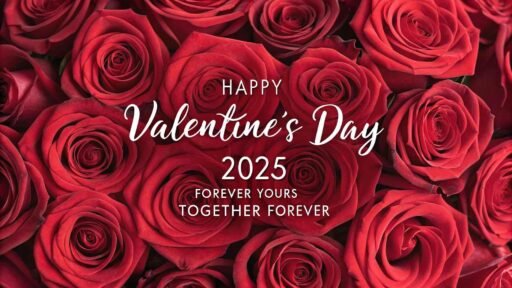 This romantic image celebrates the love of Valentine's Day with roses and beautiful calligraphy, perfect for "happy valentine's day 2025 images" to send love and warmth to loved ones.