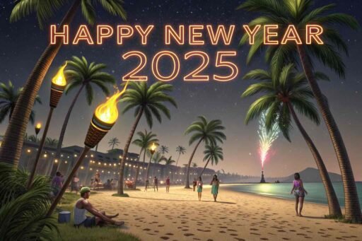 A tropical "happy new years eve 2025 image" showing a beach party with prominent "HAPPY NEW YEAR 2025" text.