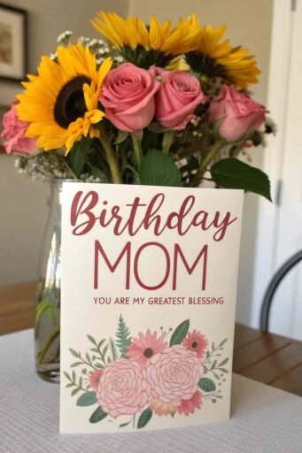 A perfect blend of sunflowers and pink roses, making this happy birthday mom image with sunflowers a romantic and heartfelt birthday wish.