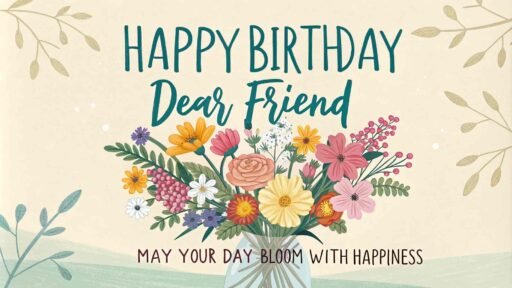 A floral touch to the occasion, with images of happy birthday dear friend surrounded by bright flowers and heartfelt wishes.