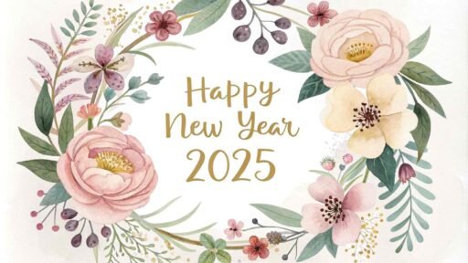 Download this elegant "happy new year 2025 image for free" featuring a chic floral frame and bold golden text.