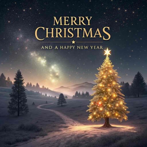 A picture of merry christmas and happy new year with a glowing Christmas tree under a starry night. "Merry Christmas and A Happy New Year" is prominently written in bold letters.