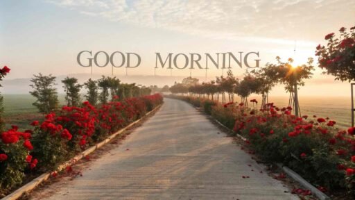 A scenic good morning image for love, with a pathway lined with red roses leading into a soft sunrise glow.