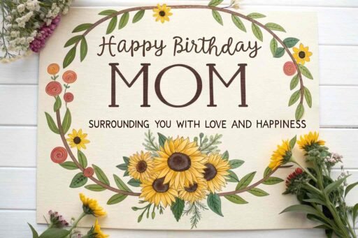 This elegant sunflower wreath design is perfect for a happy birthday mom image with sunflowers, capturing the essence of love and warmth.