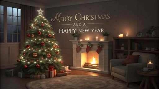 A warm merry christmas and a happy new year image showing a family living room with a festive tree and a heartfelt "Merry Christmas and A Happy New Year" message.