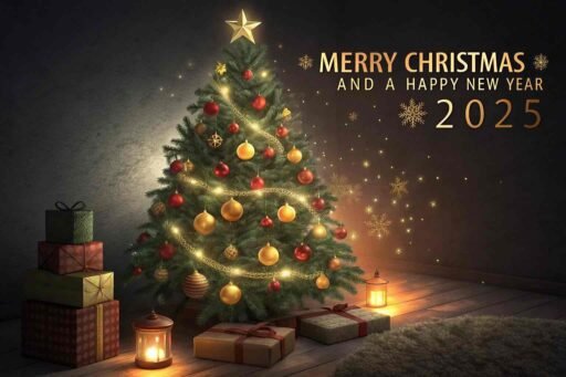 A vibrant "merry christmas and happy new year 2025 image" with a glowing Christmas tree and bold golden text.