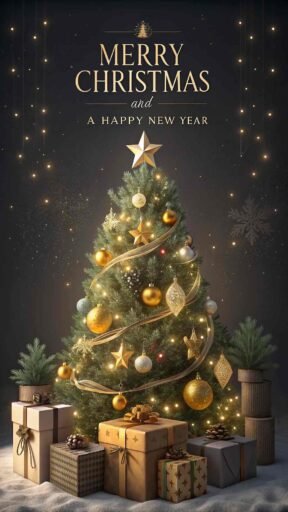 A picture of merry christmas and happy new year with an elegant Christmas tree. The words "Merry Christmas and A Happy New Year" are large and bold.