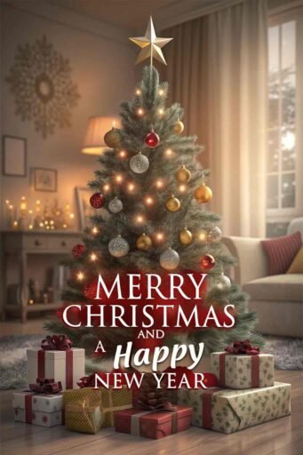 A festive "merry christmas and a happy new year pic" with bold red text near a Christmas tree with gifts