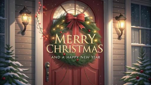 A welcoming image of Merry Christmas and a Happy New Year with a festive wreath on a beautifully decorated door.