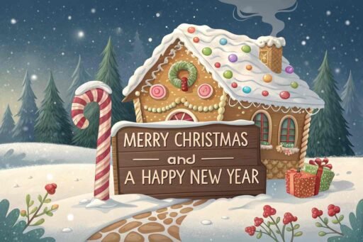 A sweet merry christmas and a happy new year image featuring a gingerbread house and a bold "Merry Christmas and A Happy New Year" sign.