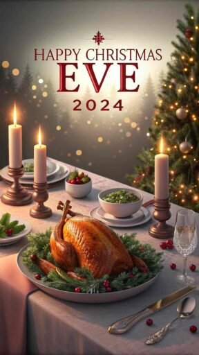 A festive Christmas dinner table with "Happy Christmas Eve 2024" glowing in red above.