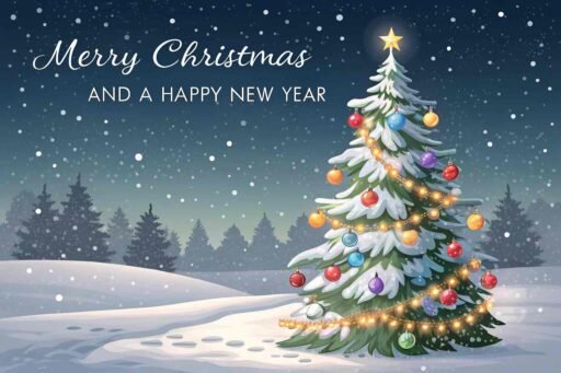 A picture of merry christmas and happy new year with a snow-covered Christmas tree. The words "Merry Christmas and A Happy New Year" are large and bold.