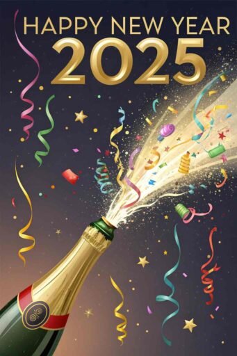 A celebratory "happy new years eve 2025 image" showing champagne fizz and bold "HAPPY NEW YEAR 2025" text sparkling brightly.