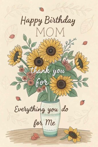 A personal and warm happy birthday mom image with sunflowers, featuring heartfelt wishes to celebrate your mom’s special day.