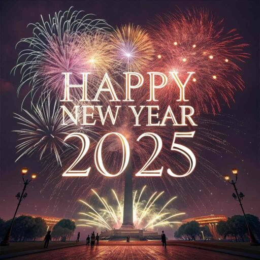 A "happy new year 2025 pic" capturing a spectacular fireworks display with bold glowing text.