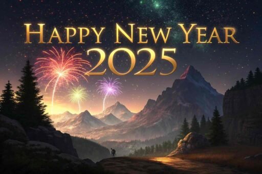 Celebrate nature's beauty with this "happy new year 2025 image for free," featuring majestic mountains and fireworks.