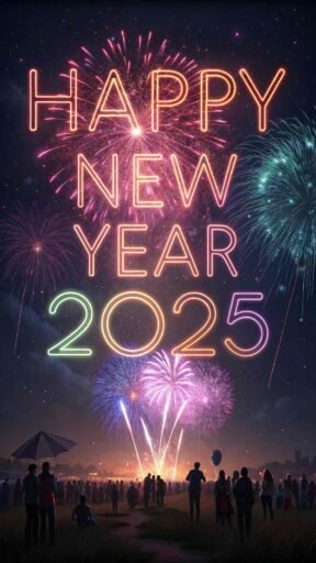 Picture of happy new year 2025 with glowing neon text and festive fireworks in a celebratory scene.