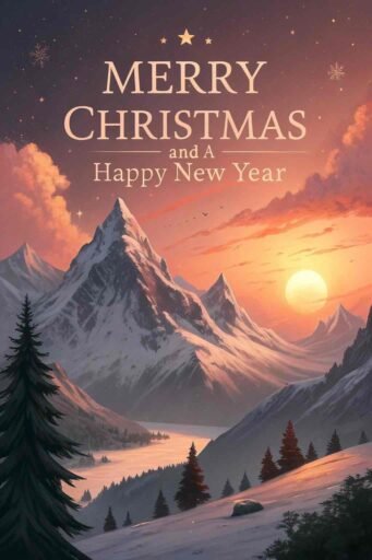 A stunning merry christmas and a happy new year image of snowy mountains with the message "Merry Christmas and A Happy New Year" glowing in the sky.