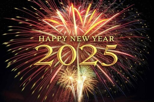 A firework starburst-themed happy new year 2025 free image with bright, bold text.