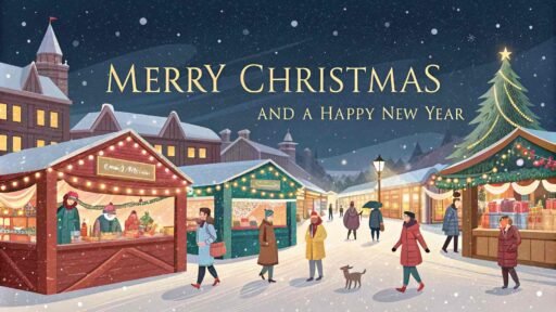 A lively "merry christmas and a happy new year pic" with glowing yellow text in a Christmas market setting.