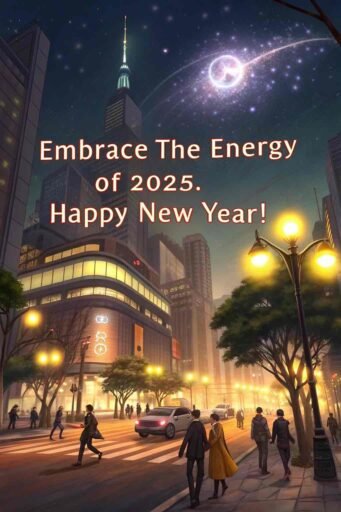 A happy new year 2025 wish image with quote featuring vibrant city life and an energetic greeting.