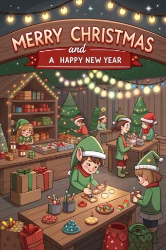 A cheerful image of Merry Christmas and a Happy New Year showing Santa’s workshop filled with toys and elves.
