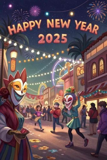 A lively "happy new years eve 2025 image" showcasing a carnival with bold "HAPPY NEW YEAR 2025" text.