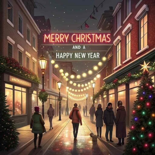 A vibrant image of Merry Christmas and a Happy New Year showcasing streets adorned with festive lights, garlands, and holiday decorations.