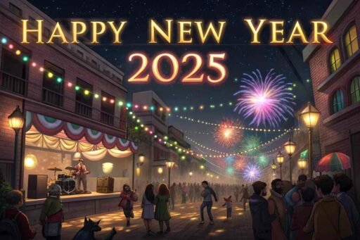 Picture of happy new year 2025 with a vibrant street festival and bold glowing text.