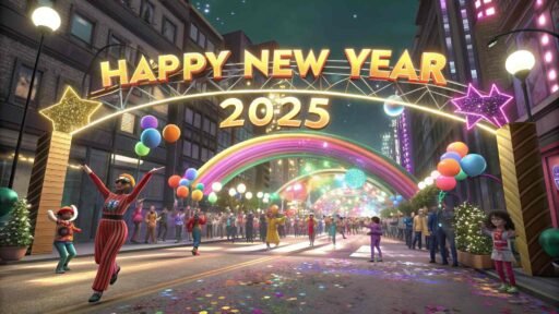A dynamic "happy new years eve 2025 image" capturing a parade with bold "HAPPY NEW YEAR 2025" text at the center.