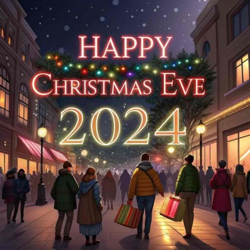 A festive shopping street with glowing "Happy Christmas Eve 2024" text in the sky.