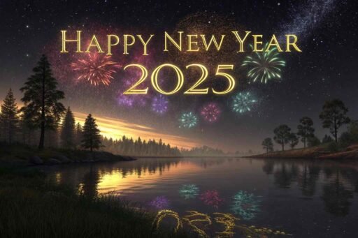 A "happy new year 2025 pic" showcasing fireworks and bold golden text reflected on water.