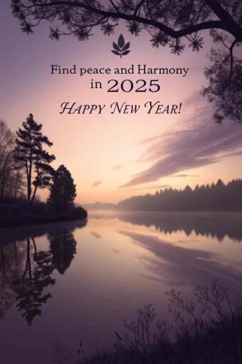 A happy new year 2025 wish image with quote showcasing a serene lake reflection and a tranquil message.