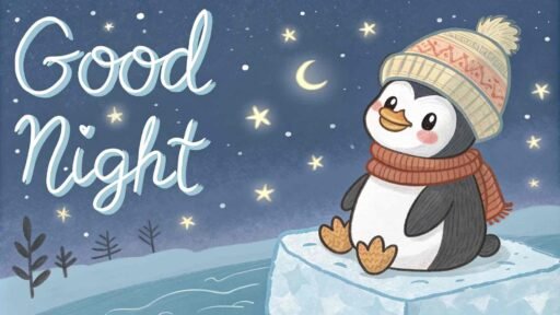 A good night cute image of a penguin resting cozily, bringing chill yet warm vibes.