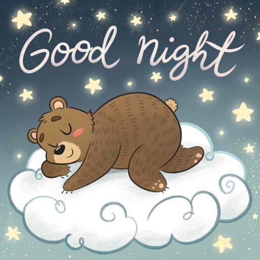 A good night cute image with a bear finding comfort and peace on a dreamy cloud.