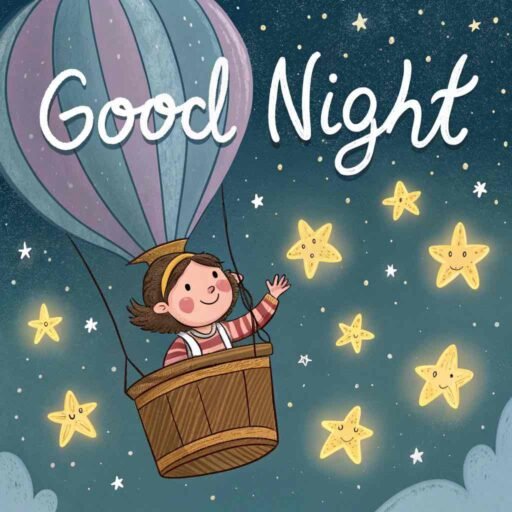 A good night cute image with a whimsical and magical balloon journey through the night sky.