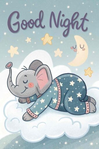 A good night cute image of a dreamy elephant floating through a serene sky.