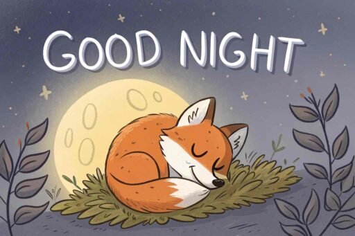 A good night cute image of a fox resting peacefully with moonlight illuminating its fur.