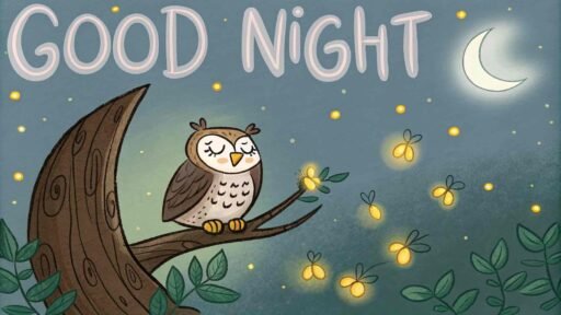 A good night cute image featuring a sleepy owl basking in the serene glow of the night.