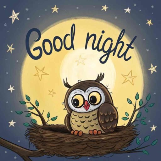A good night cute image of a wise and sleepy owl enjoying a peaceful night under the stars.