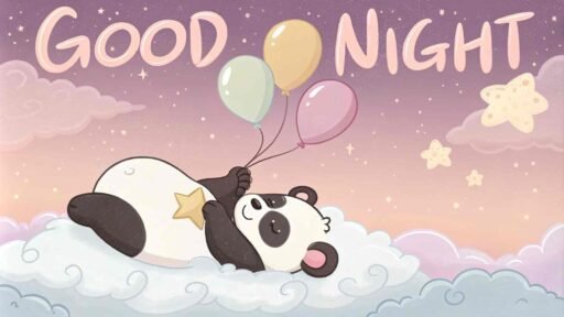 A good night cute image with a playful panda enjoying a dreamy cloudscape filled with gentle hues.