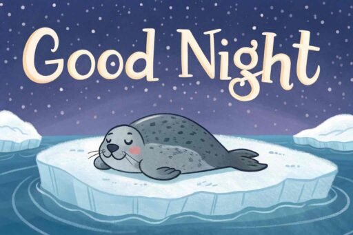 A good night cute image of a peaceful seal, evoking wintertime calm and dreams.