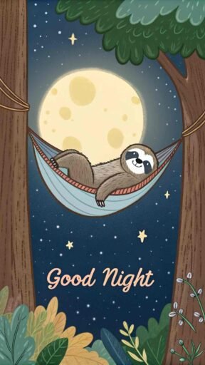 A good night cute image of a sloth enjoying peaceful slumber under the night sky.