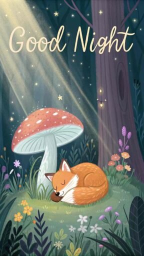 A good night cute image of a fox resting in a glowing forest, radiating tranquility.