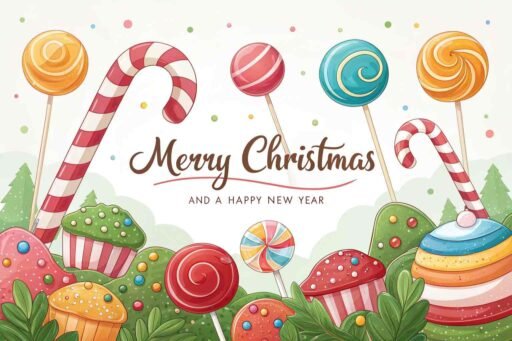 A picture of merry christmas and happy new year filled with colorful candy. "Merry Christmas and A Happy New Year" is clearly written.