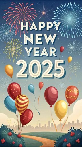 Brighten the celebrations with this "happy new year 2025 image for download," featuring bold text, balloons, and fireworks.