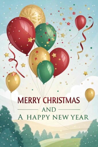 A picture of merry christmas and happy new year with colorful balloons. "Merry Christmas and A Happy New Year" is written in large text.