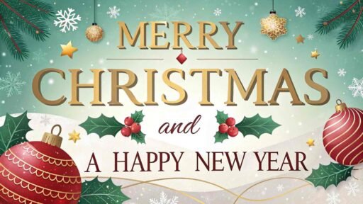 A bright and cheerful "merry christmas and a happy new year pic" featuring bold gold text, a red-green theme, and festive Christmas elements like ornaments and holly.